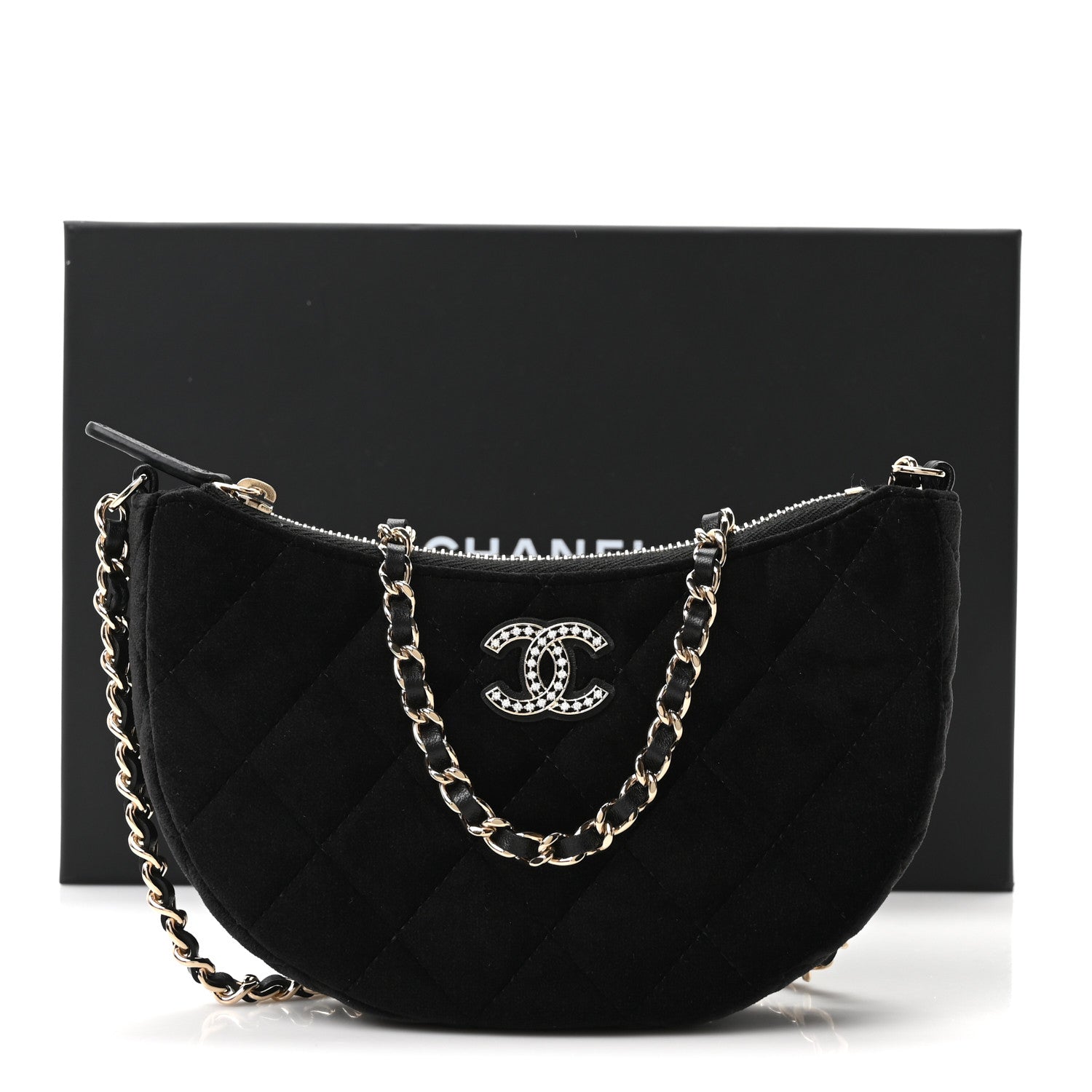 Velvet Crystal Quilted Chain Hobo Black