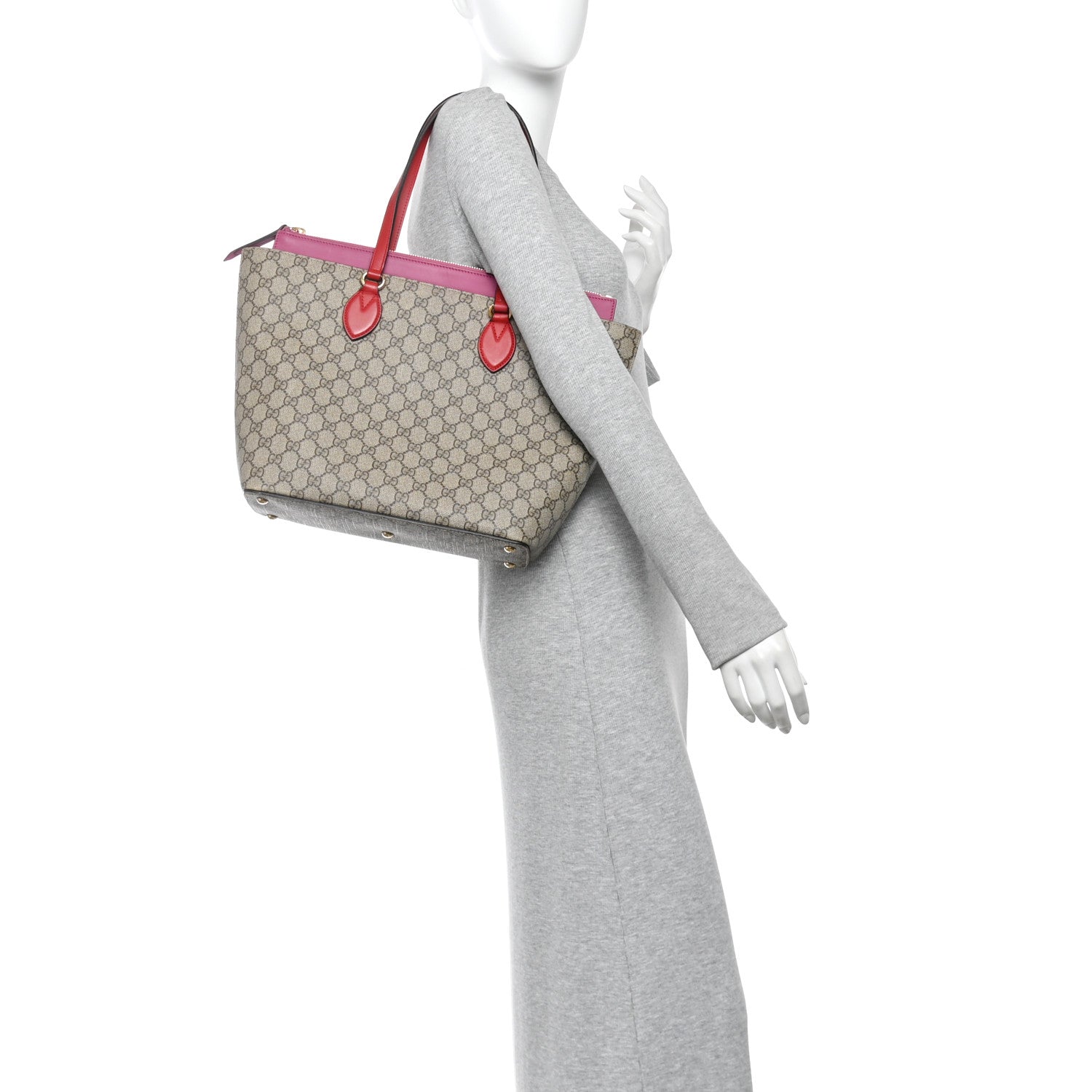 GG Supreme Monogram Medium Zippered Bucket Tote Beige Hibiscus Red New Rosette