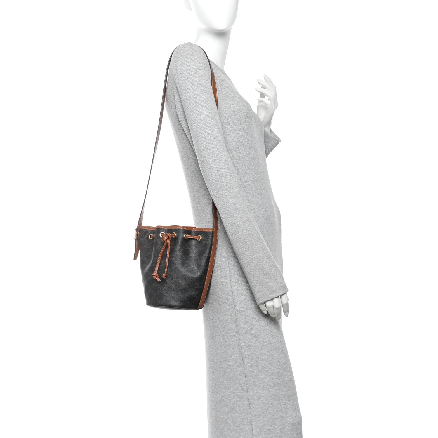 Triomphe Canvas Calfskin Small Drawstring Bucket Bag Tan