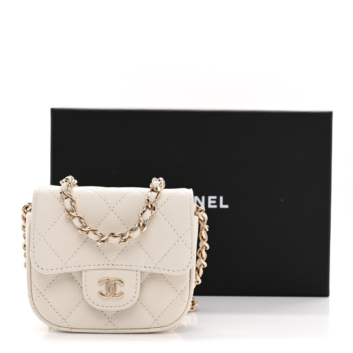 Caviar Quilted Mini Clutch With Chain White
