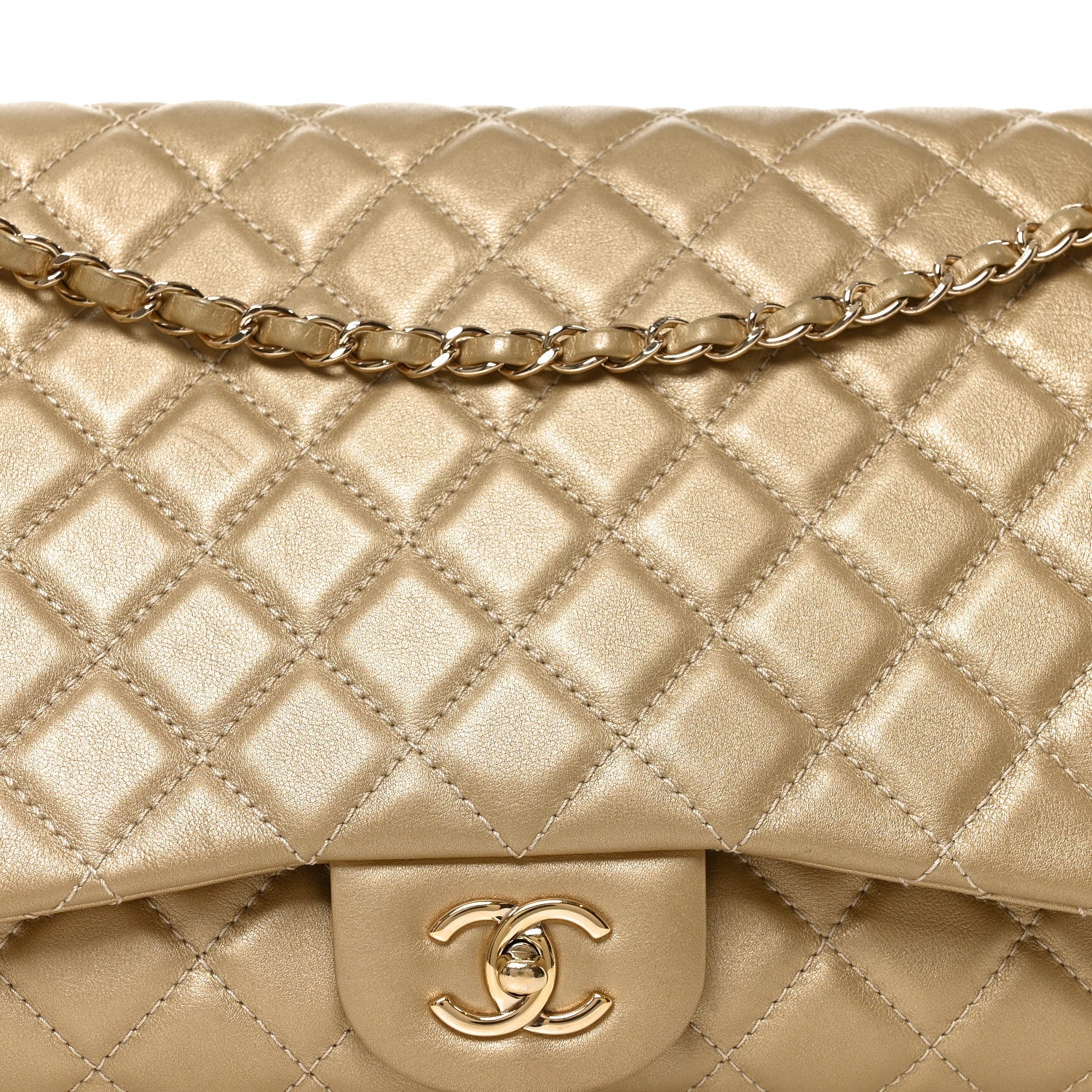 Metallic Calfskin Quilted Small XXL Travel Flap Bag Gold