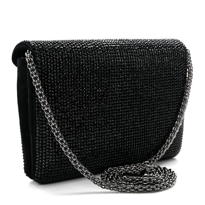 Crystal Suede Embellished Small One Stud Clutch With Chain Black