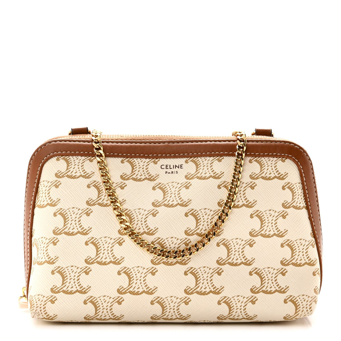 Lambskin Triomphe Canvas Clutch With Chain White Tan