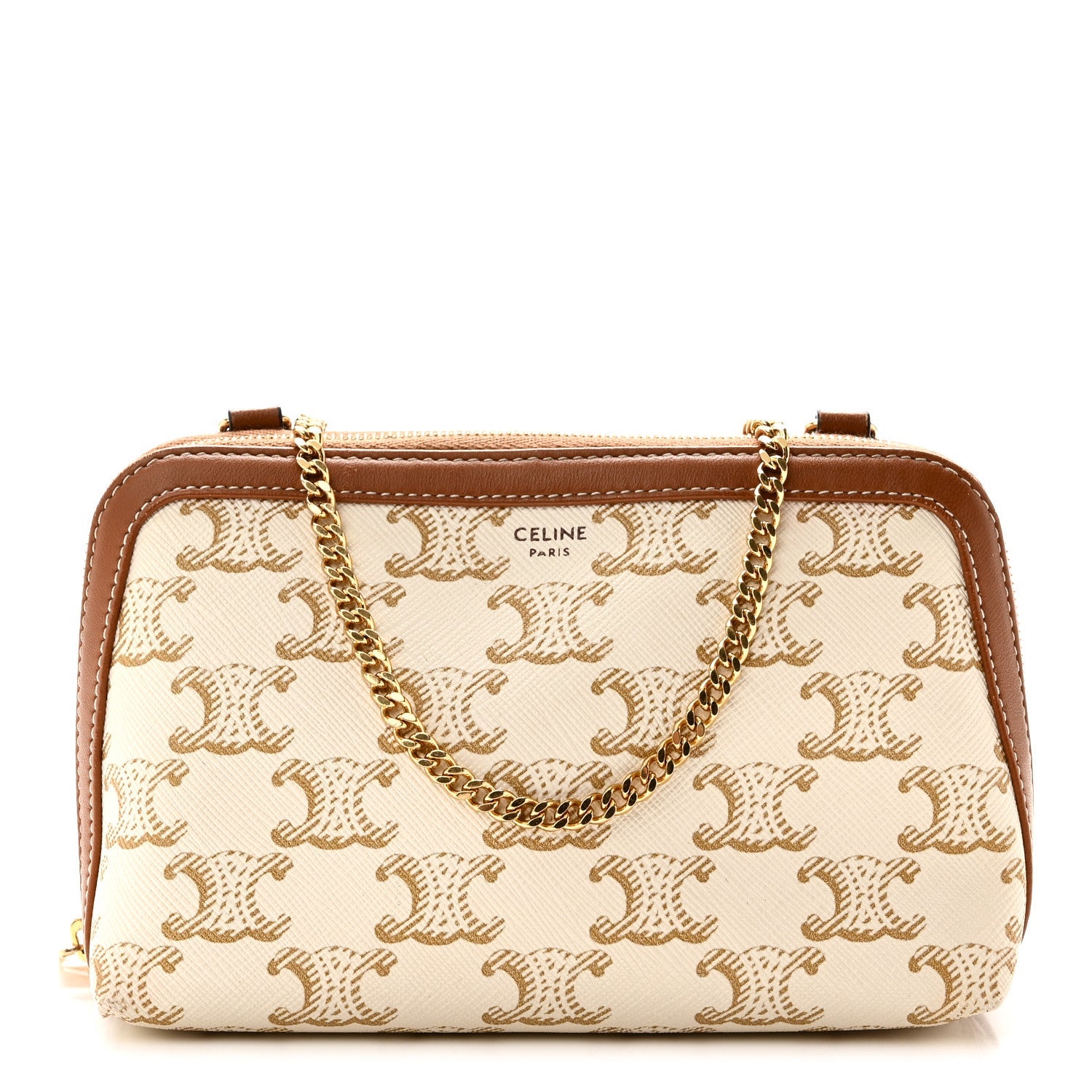 Lambskin Triomphe Canvas Clutch With Chain White Tan
