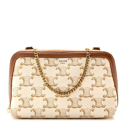 Lambskin Triomphe Canvas Clutch With Chain White Tan