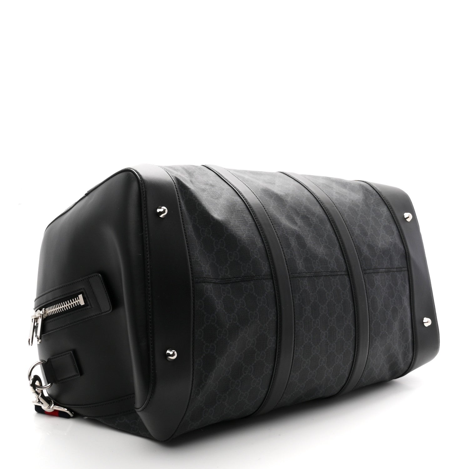 Soft GG Supreme Monogram Appia Calfskin Web Large Carry On Duffle Bag Black Grey