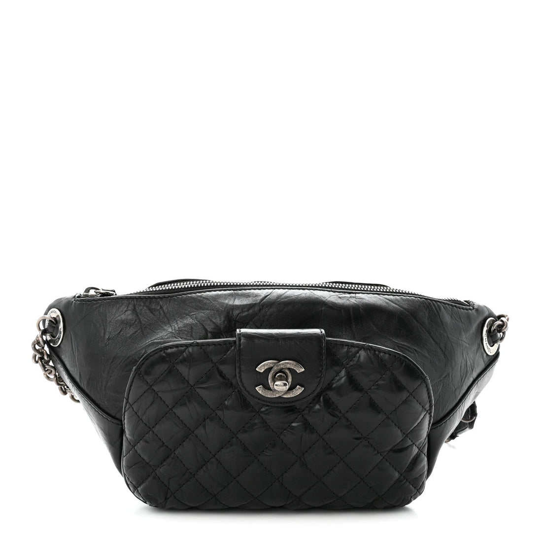 Crumpled Calfskin Quilted Casual Rock Waist Bag Fanny Pack Black