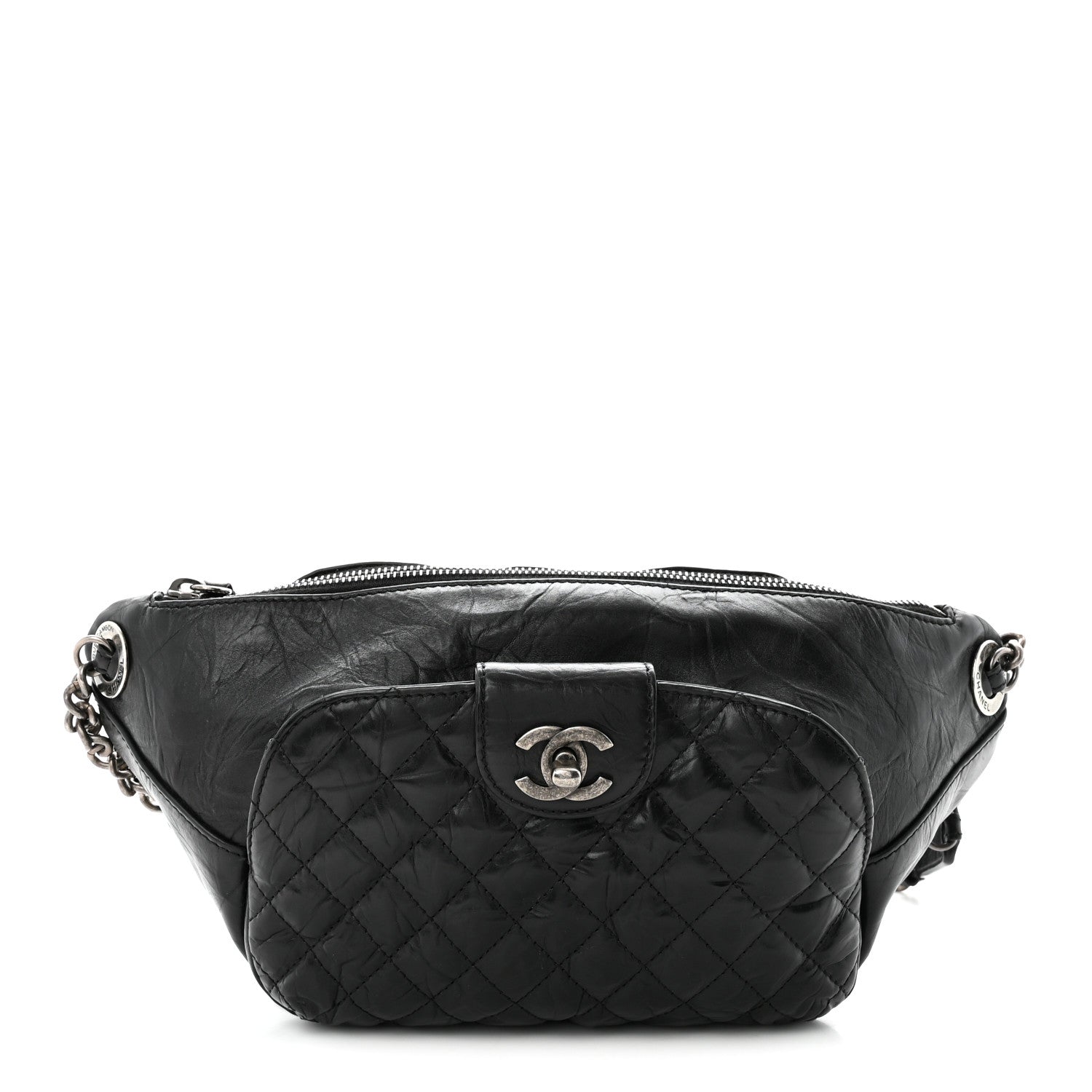Crumpled Calfskin Quilted Casual Rock Waist Bag Fanny Pack Black