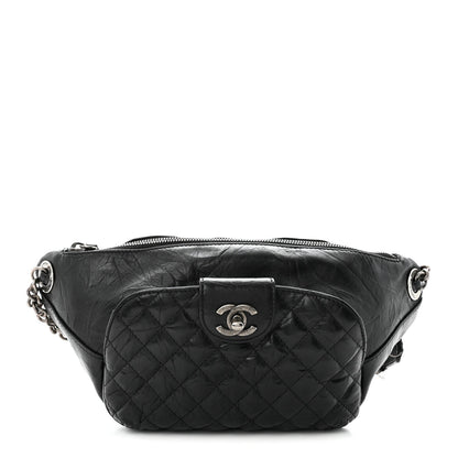 Crumpled Calfskin Quilted Casual Rock Waist Bag Fanny Pack Black