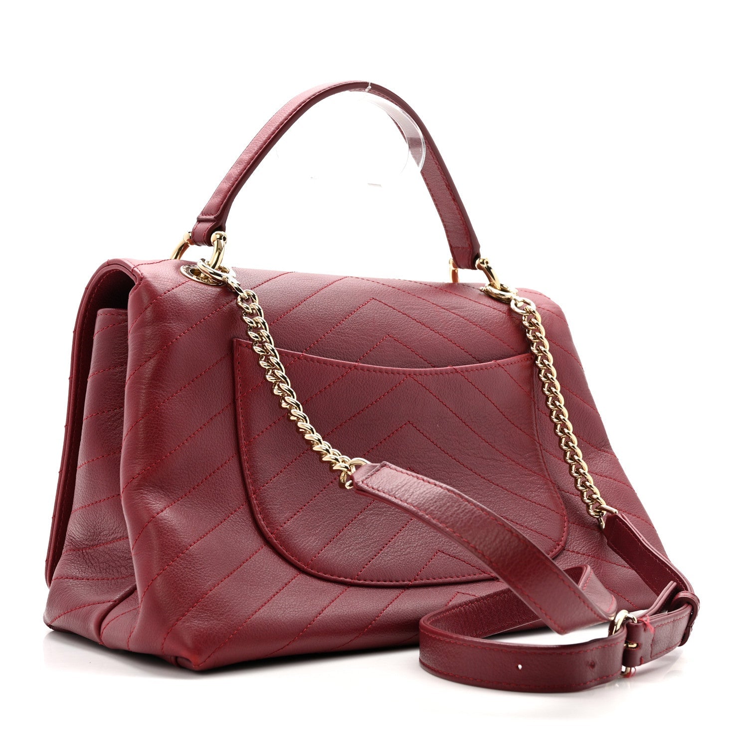 Grained Calfskin Stitched Chevron Medium Chic Top Handle Flap Red