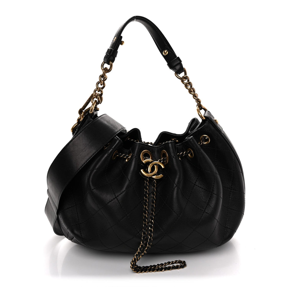 Calfskin Stitched Small Paris Rome Drawstring CC Bag Black