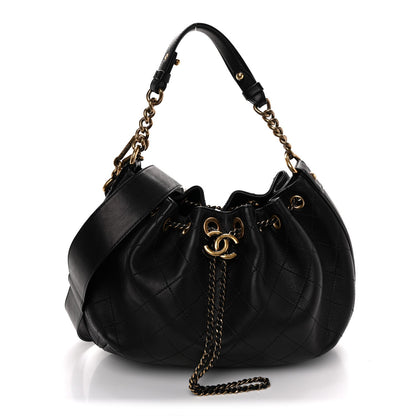Calfskin Stitched Small Paris Rome Drawstring CC Bag Black
