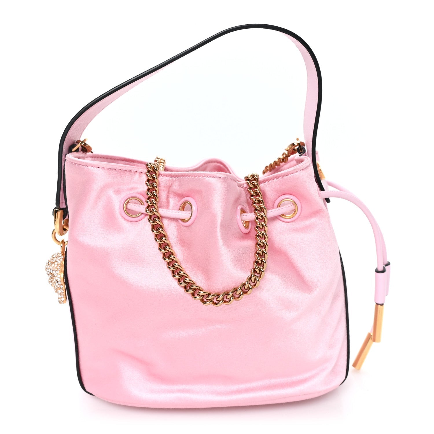 Satin Medusa Drawstring Bucket Bag Pink