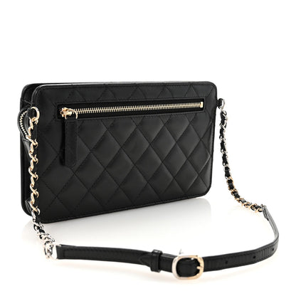 Lambskin Quilted Front Pocket Clutch With Chain Black
