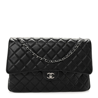 Grained Calfskin Quilted XXL Travel Flap Bag Black