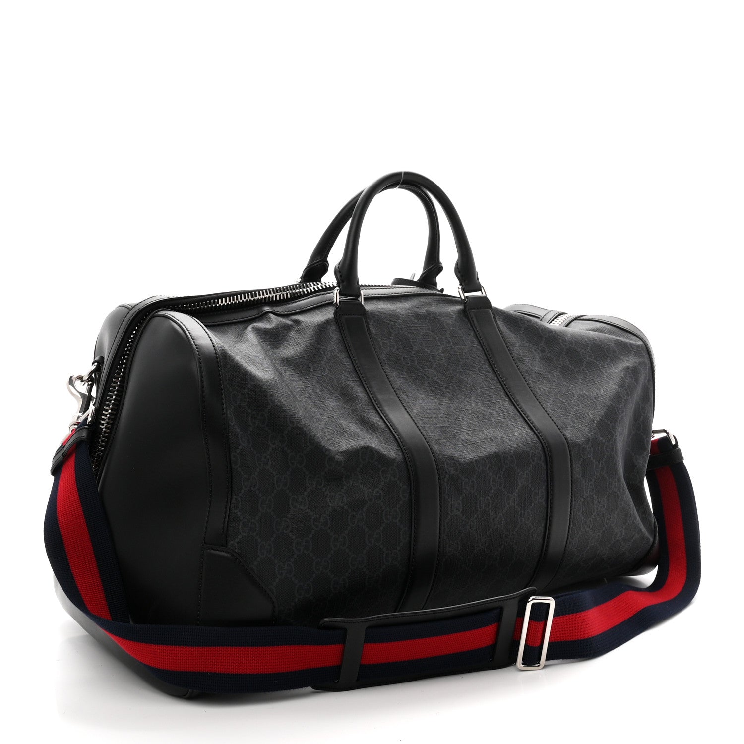 Soft GG Supreme Monogram Appia Calfskin Web Large Carry On Duffle Bag Black Grey