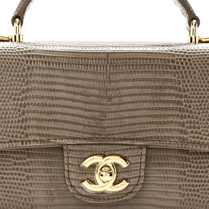 Calfskin Lizard Embossed Top Handle Long Clutch With Chain Dark Khaki