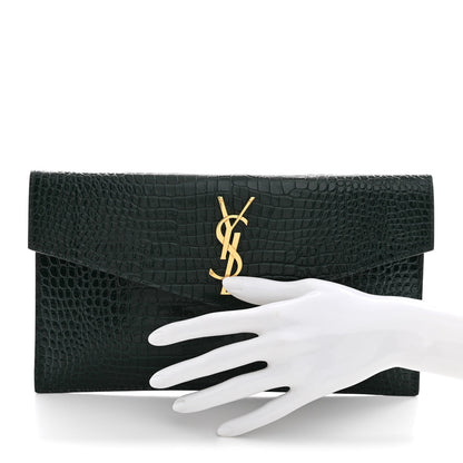 Calfskin Crocodile Embossed Uptown Monogram Clutch Dark Green