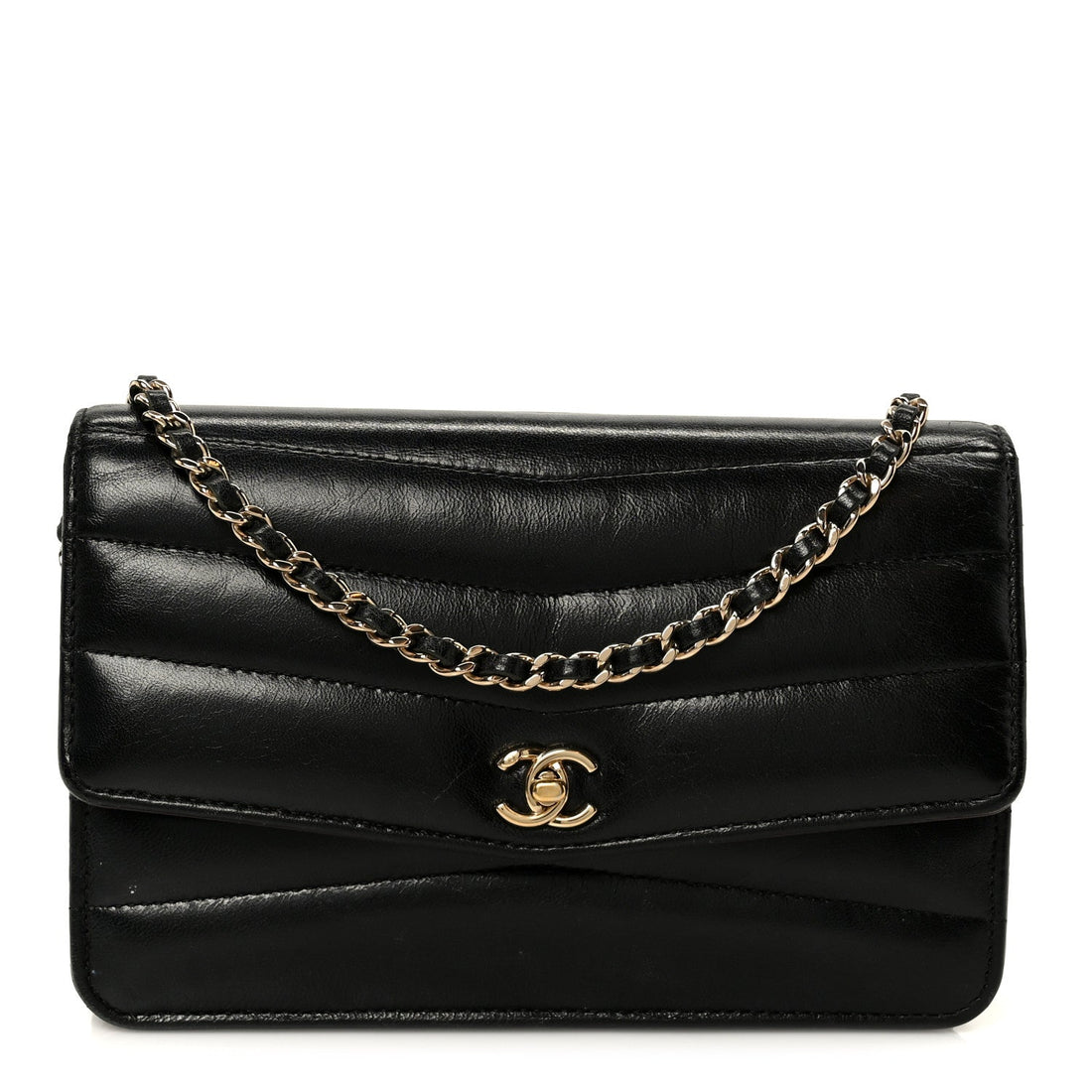 Lambskin Chevron Quilted Wallet On Chain WOC Black
