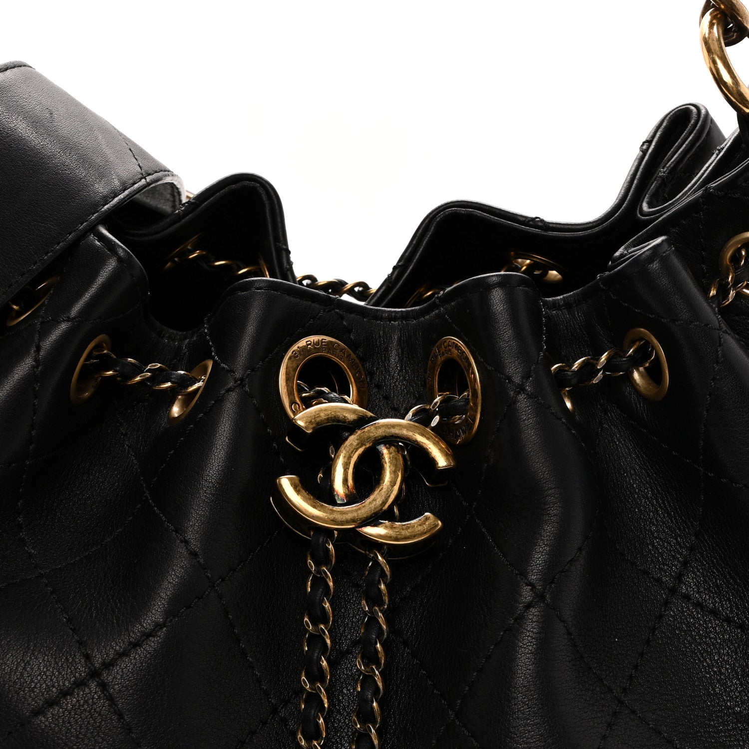 Calfskin Stitched Small Paris Rome Drawstring CC Bag Black