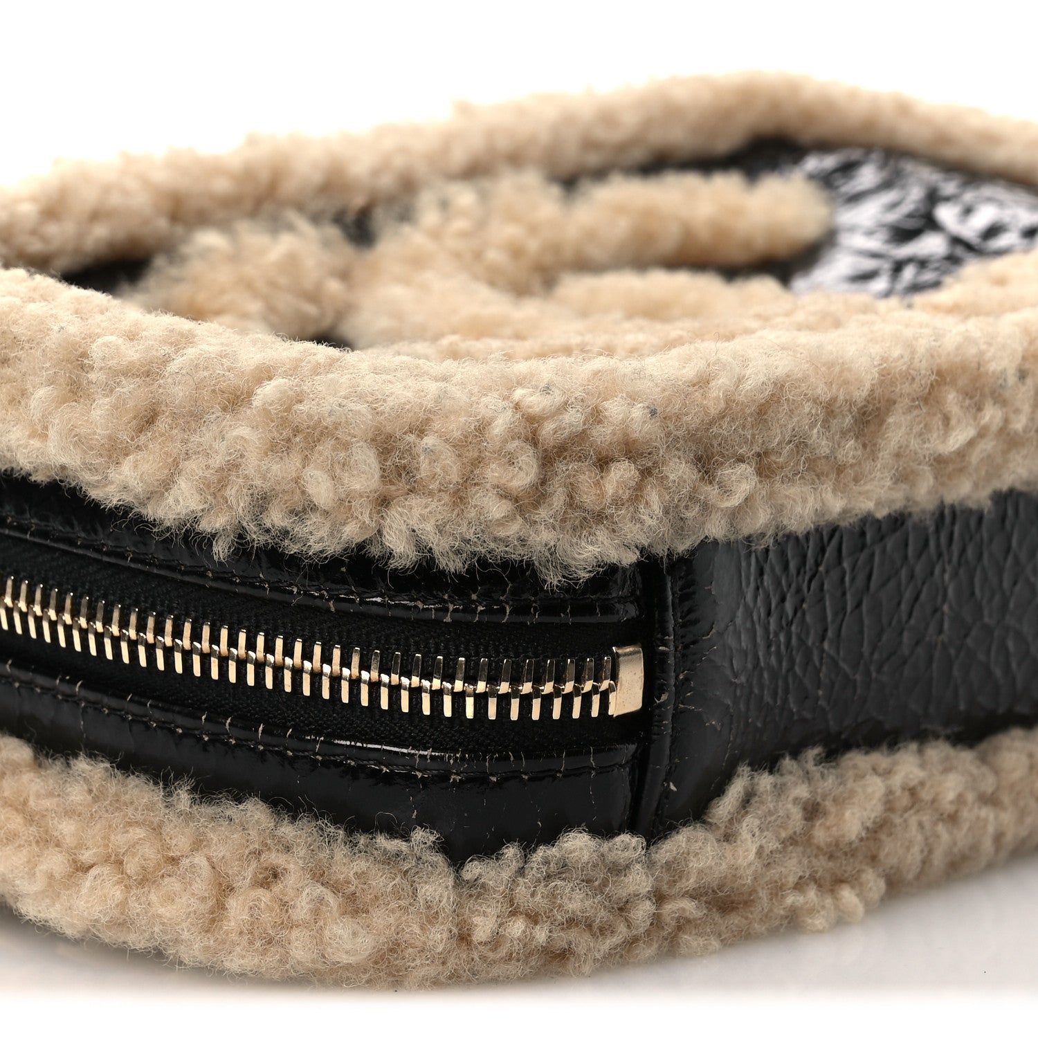 Shiny Crumpled Sheepskin Shearling Waist Bag Black Beige