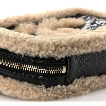 Shiny Crumpled Sheepskin Shearling Waist Bag Black Beige
