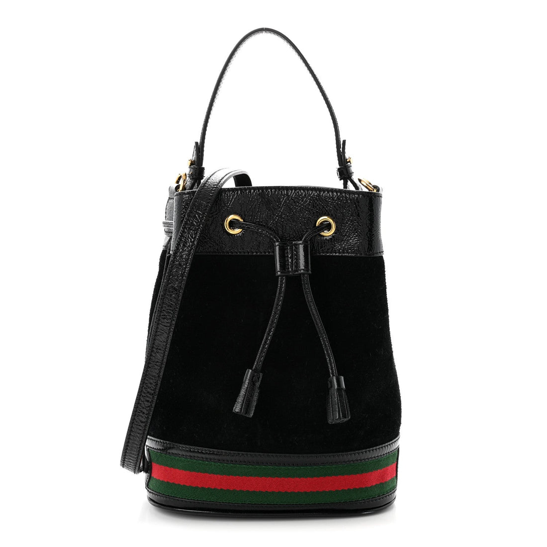 Suede Patent Web Small Ophidia Bucket Bag Black