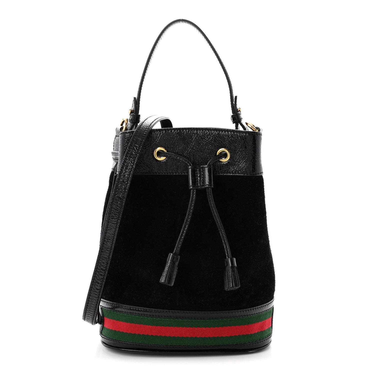 Suede Patent Web Small Ophidia Bucket Bag Black