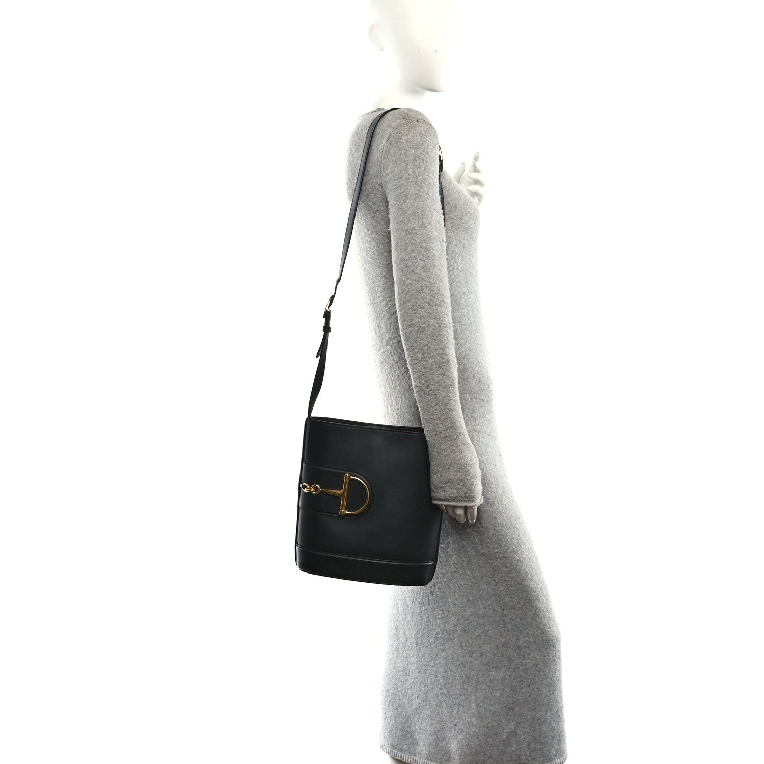 Arabella Calfskin Horsebit 73 Medium Bucket Bag Black