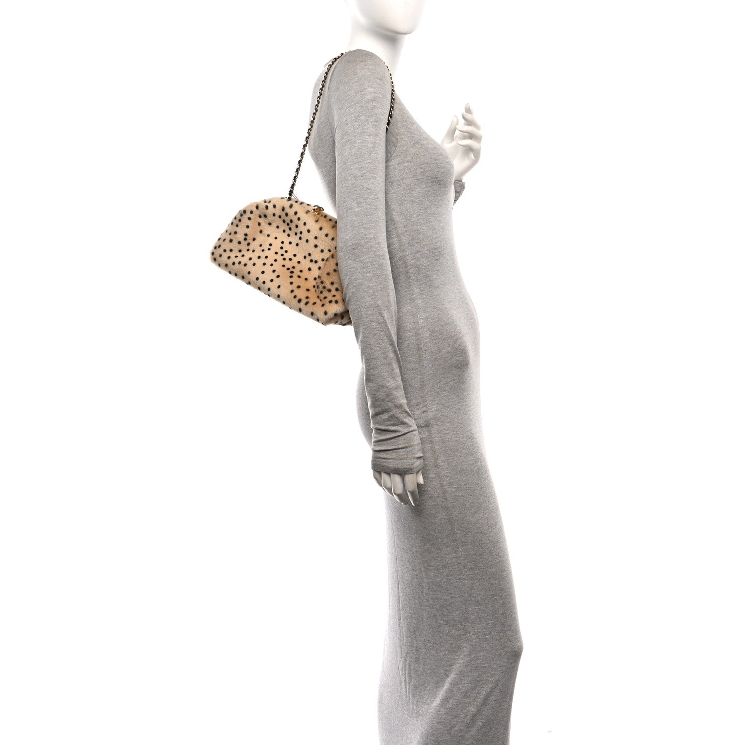 Pony Hair Cheetah Printed Lambskin Clutch With Chain Beige Black