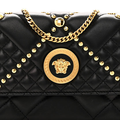Lambskin Studded Quilted Medusa Wallet on Chain Crossbody Black Gold