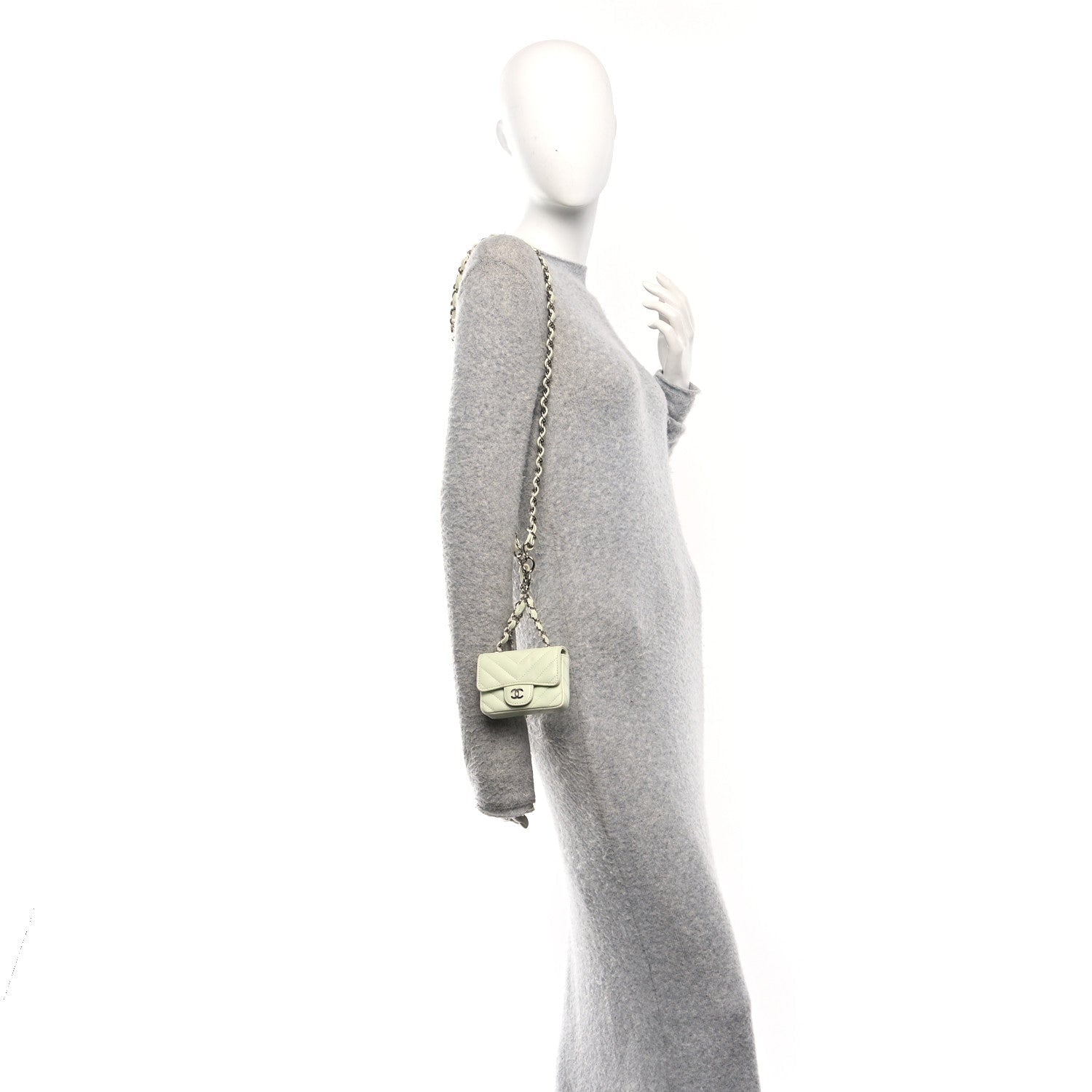 Sheepskin Chevron Quilted Mini Chain Belt Bag Light Green