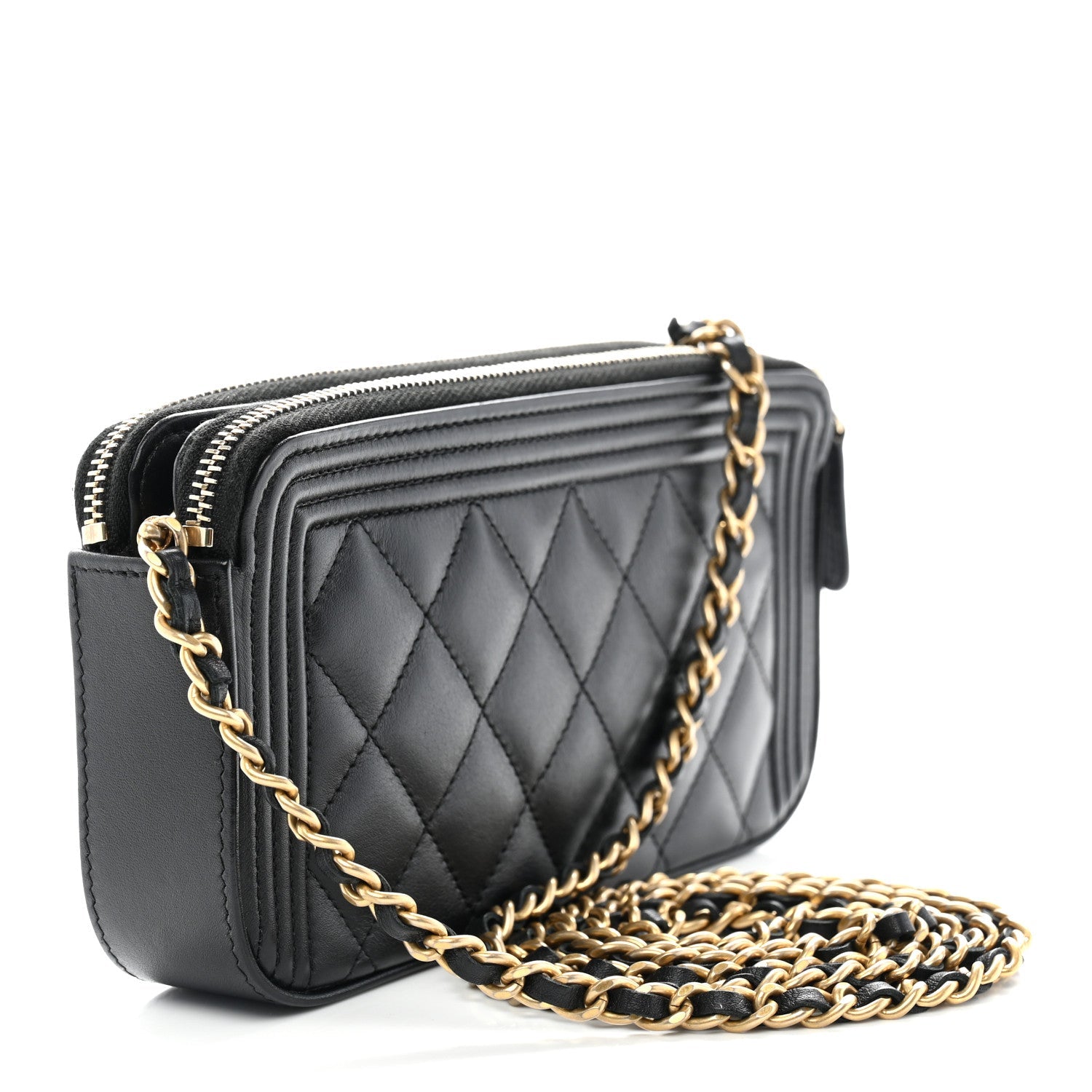 Lambskin Quilted Small Boy Clutch With Chain Black