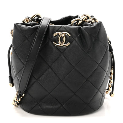 Lambskin Quilted Resin Bi-Color Chain Bucket Bag Black