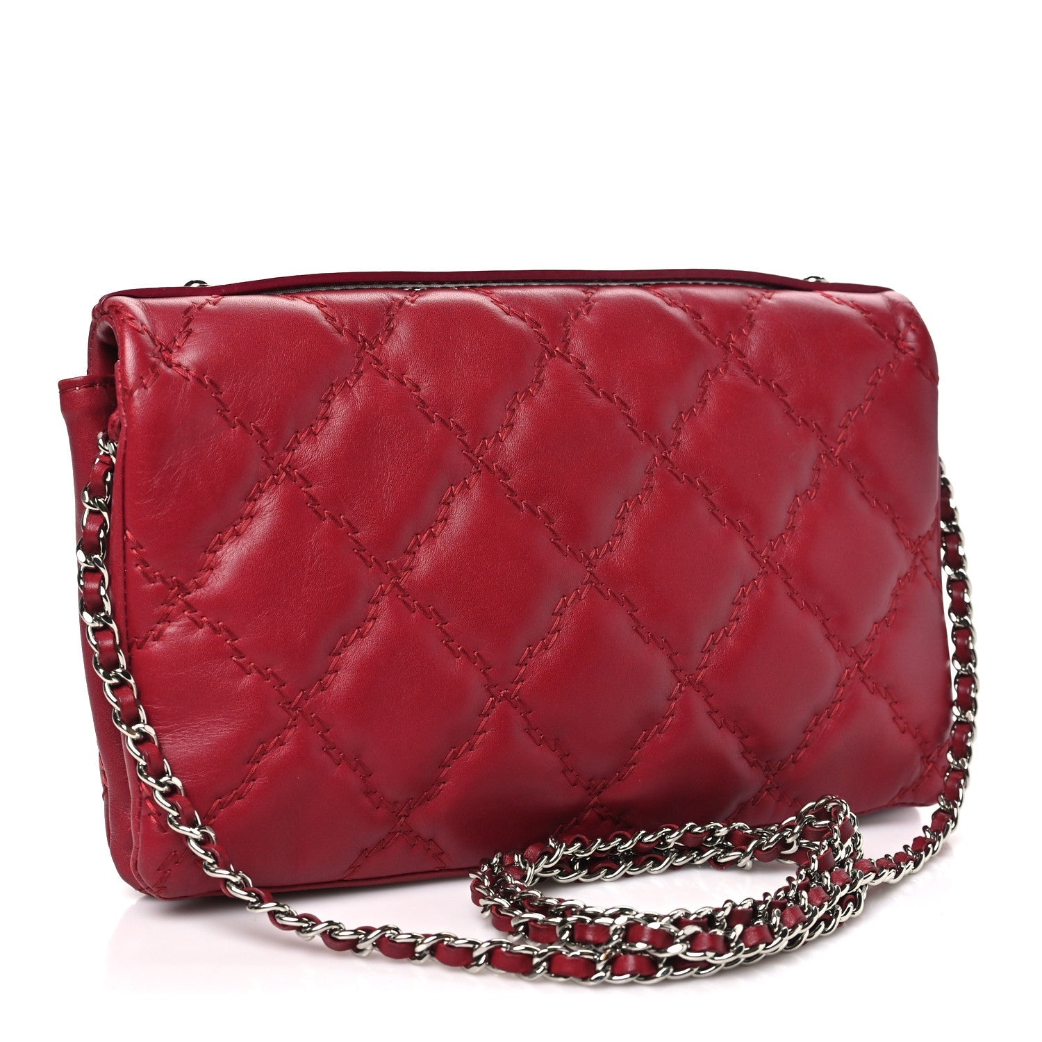 Calfskin Quilted Double Stitch Hamptons Clutch with Chain Red Red