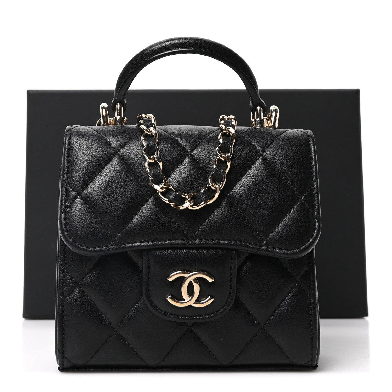 Lambskin Quilted Top Handle Flap Clutch With Chain Black
