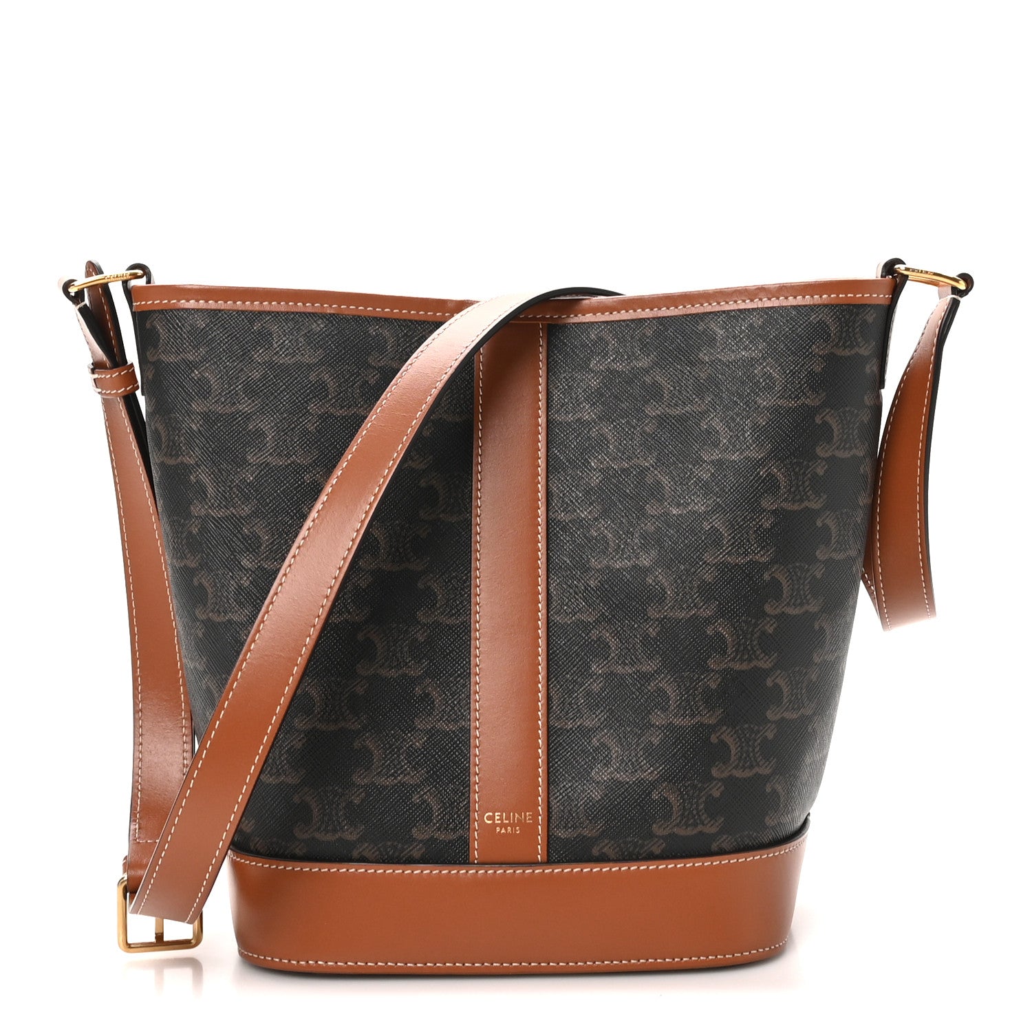 Triomphe Canvas Calfskin Small Bucket Bag Tan