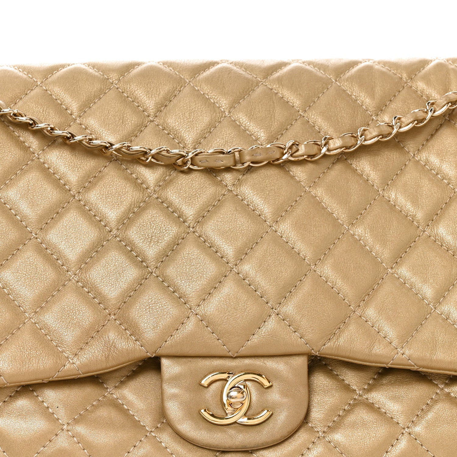 Metallic Calfskin Quilted Small XXL Travel Flap Bag Gold