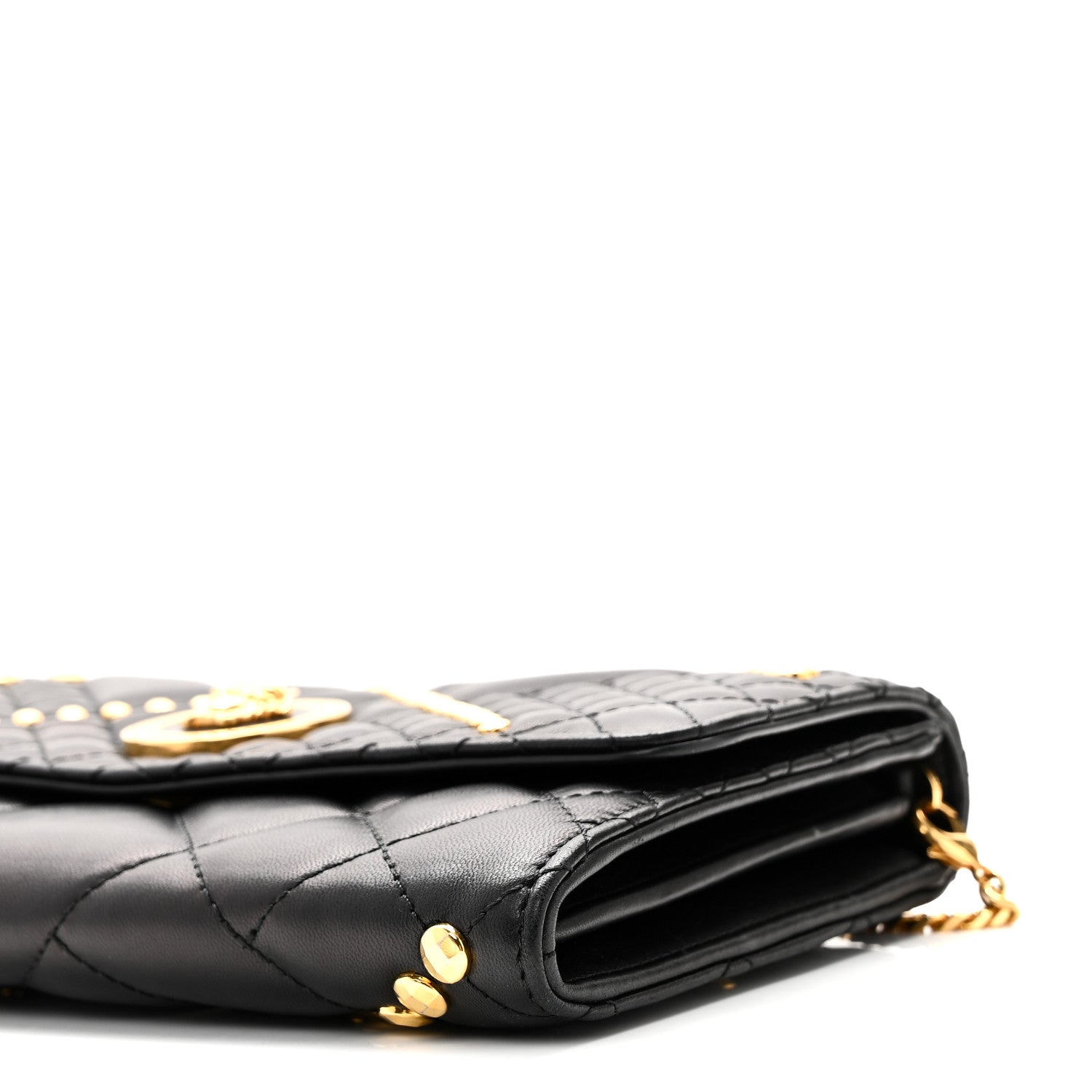 Lambskin Studded Quilted Medusa Wallet on Chain Crossbody Black Gold