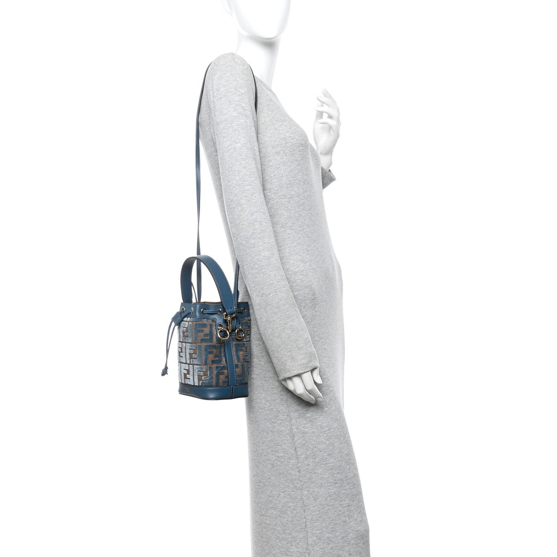Vitello Grace Velluto FF Mini Mon Tresor Bucket Bag Dusty Blue Brown