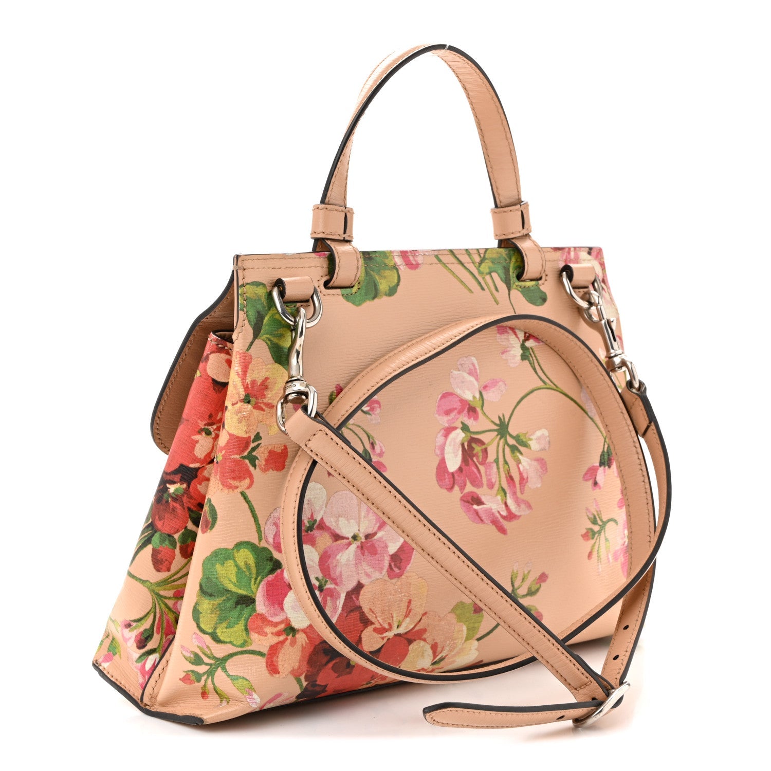 Shangai Calfskin Blooms Print Small Bamboo Daily Top Handle Bag Pink Apricot Multicolor