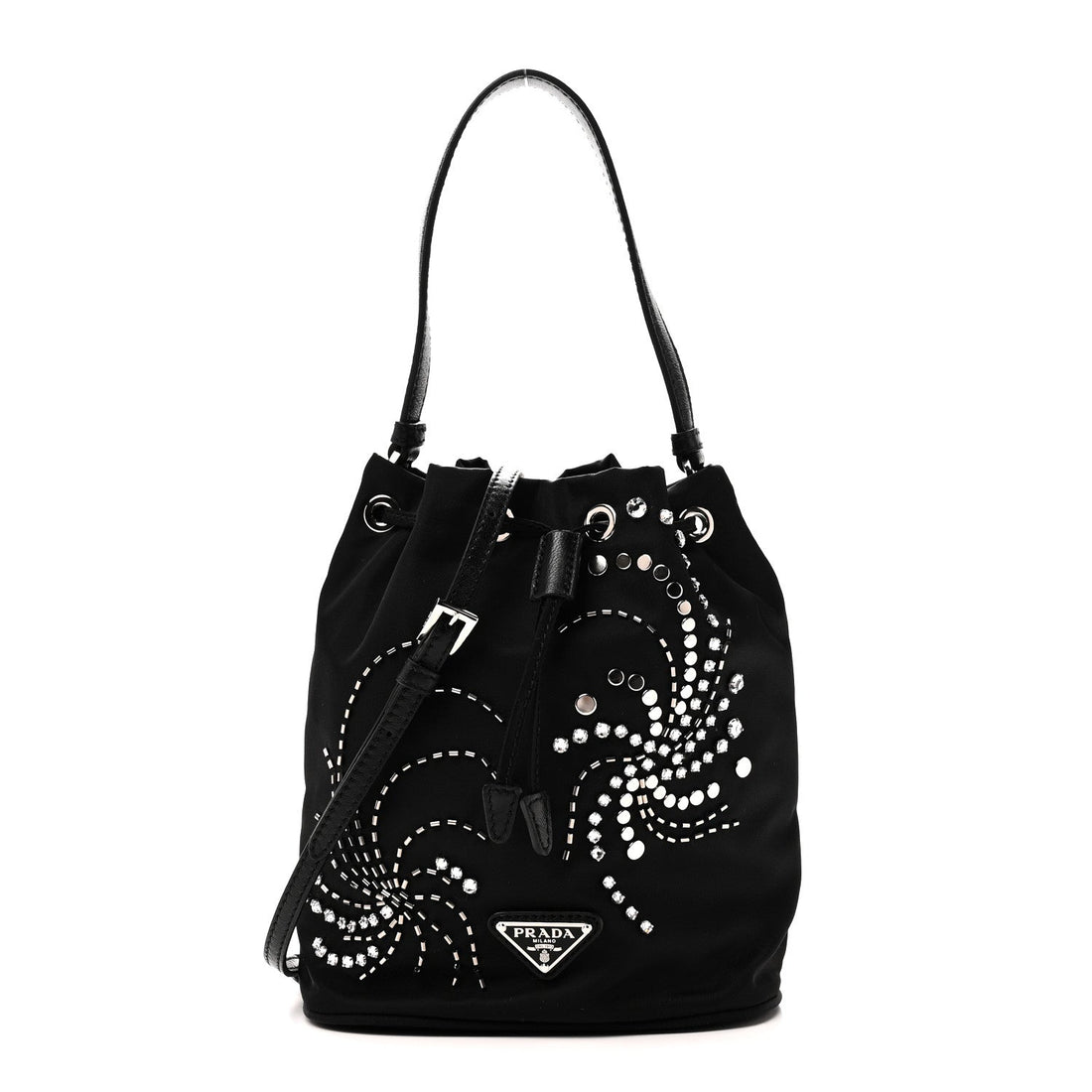 Tessuto Saffiano Ricamo Sequin Crystal Embellished Mini Re-Edition 1978 Bucket Bag Black