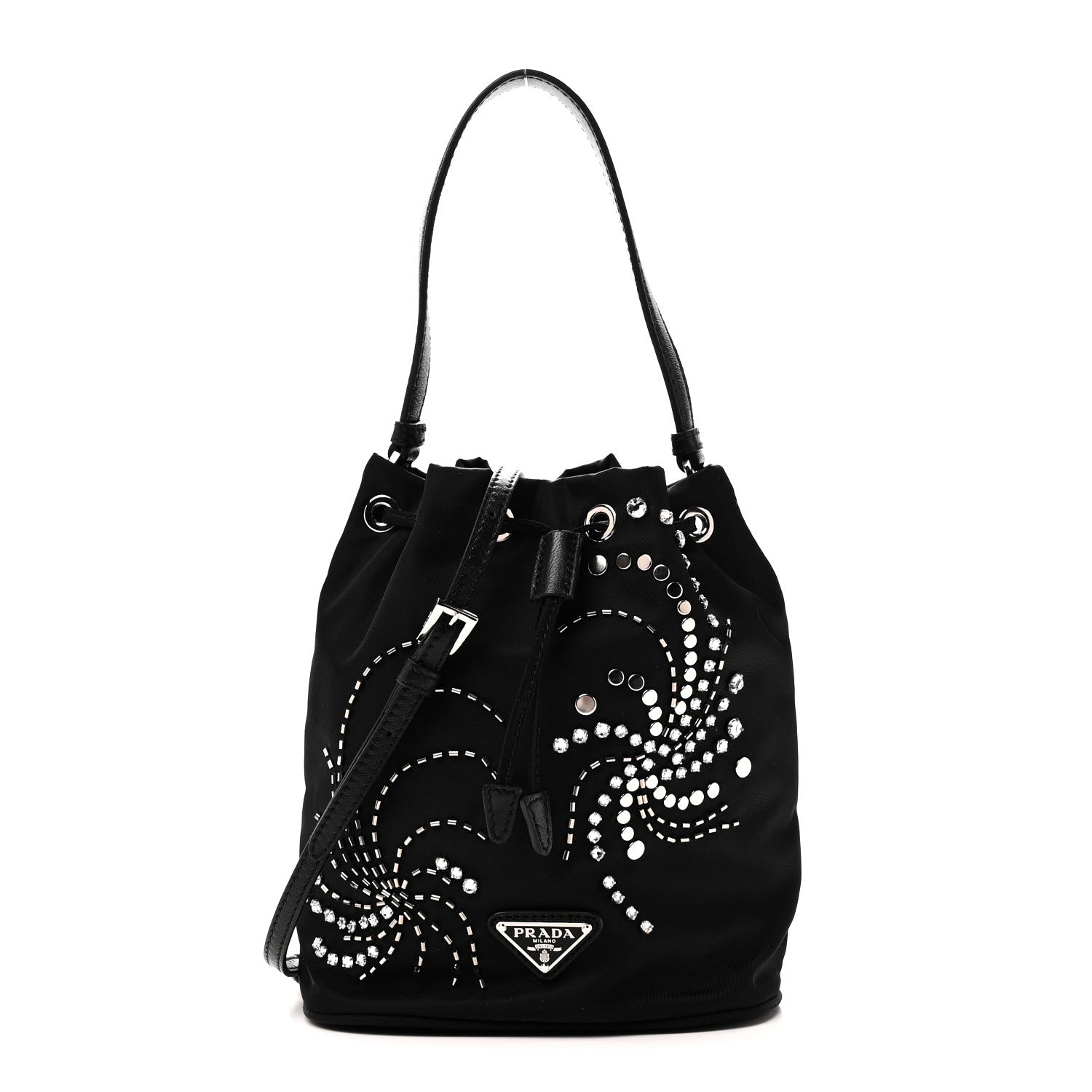 Tessuto Saffiano Ricamo Sequin Crystal Embellished Mini Re-Edition 1978 Bucket Bag Black
