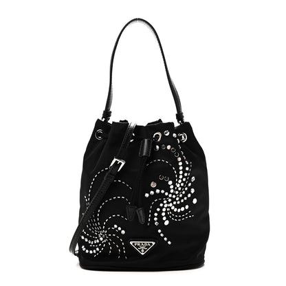 Tessuto Saffiano Ricamo Sequin Crystal Embellished Mini Re-Edition 1978 Bucket Bag Black