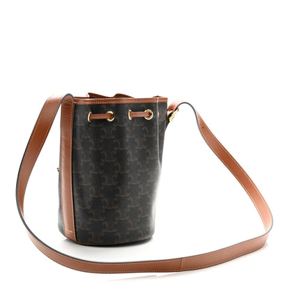 Triomphe Canvas Calfskin Small Drawstring Bucket Bag Tan