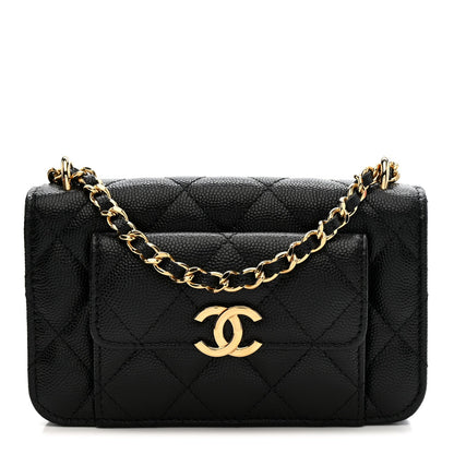 Caviar Quilted Pocket Twins Clutch With Chain Black
