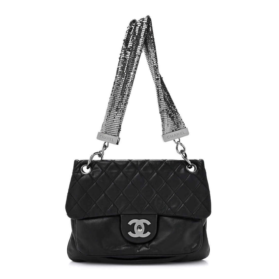 Lambskin Quilted Chain Mail Shoulder Bag Black