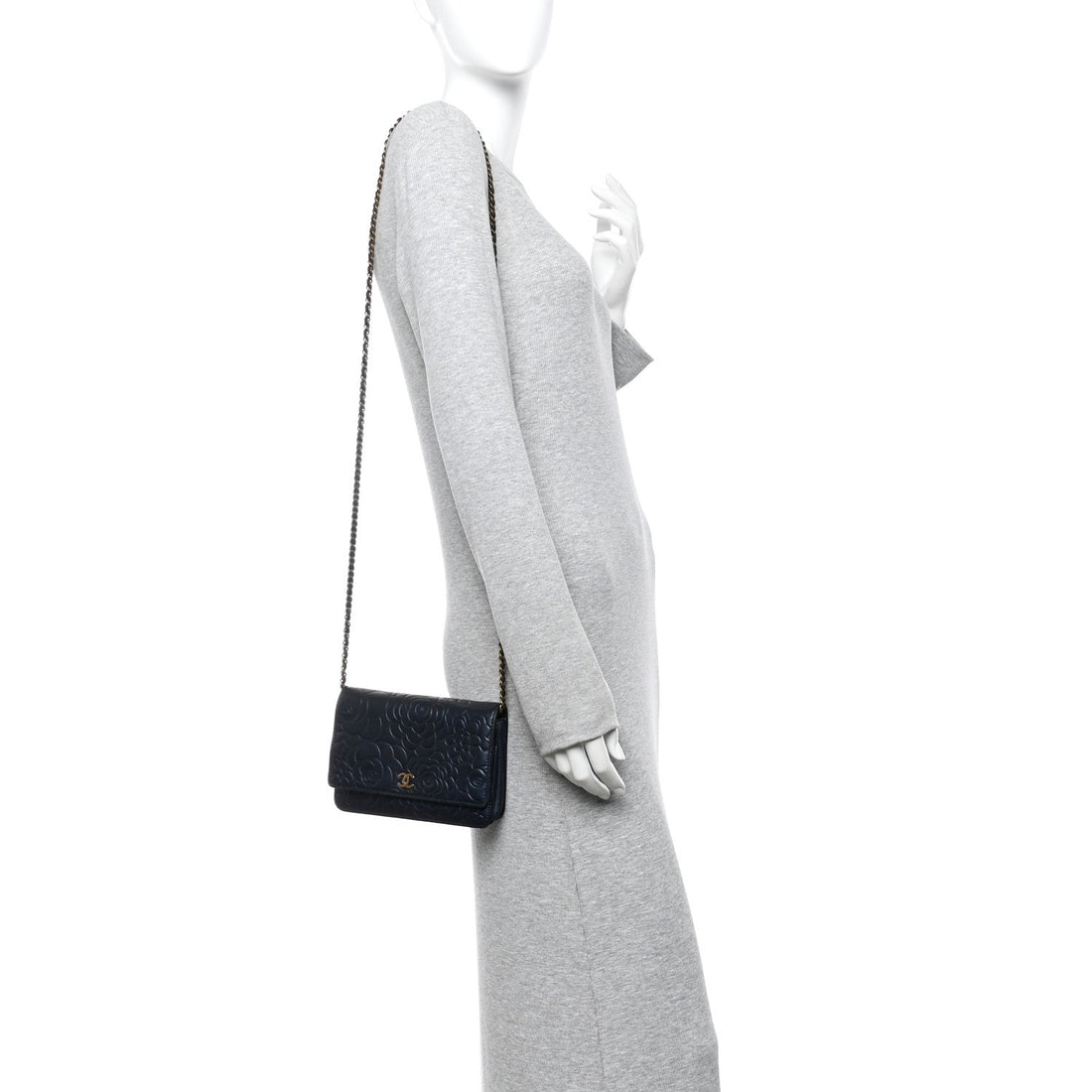 Metallic Lambskin Camellia Embossed Wallet on Chain WOC Navy