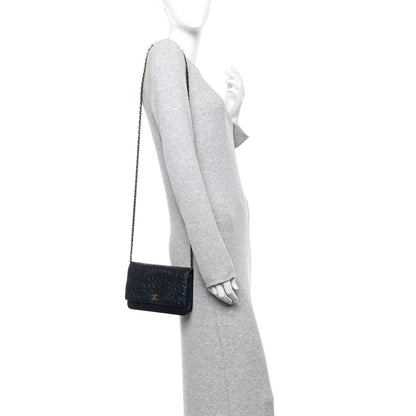 Metallic Lambskin Camellia Embossed Wallet on Chain WOC Navy