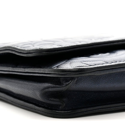 Metallic Lambskin Camellia Embossed Wallet on Chain WOC Navy